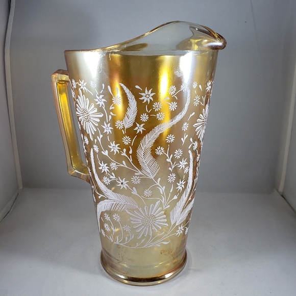 Jeanette Cosmos Carnival Glass Pitcher in Marigold - Picture 3 of 6